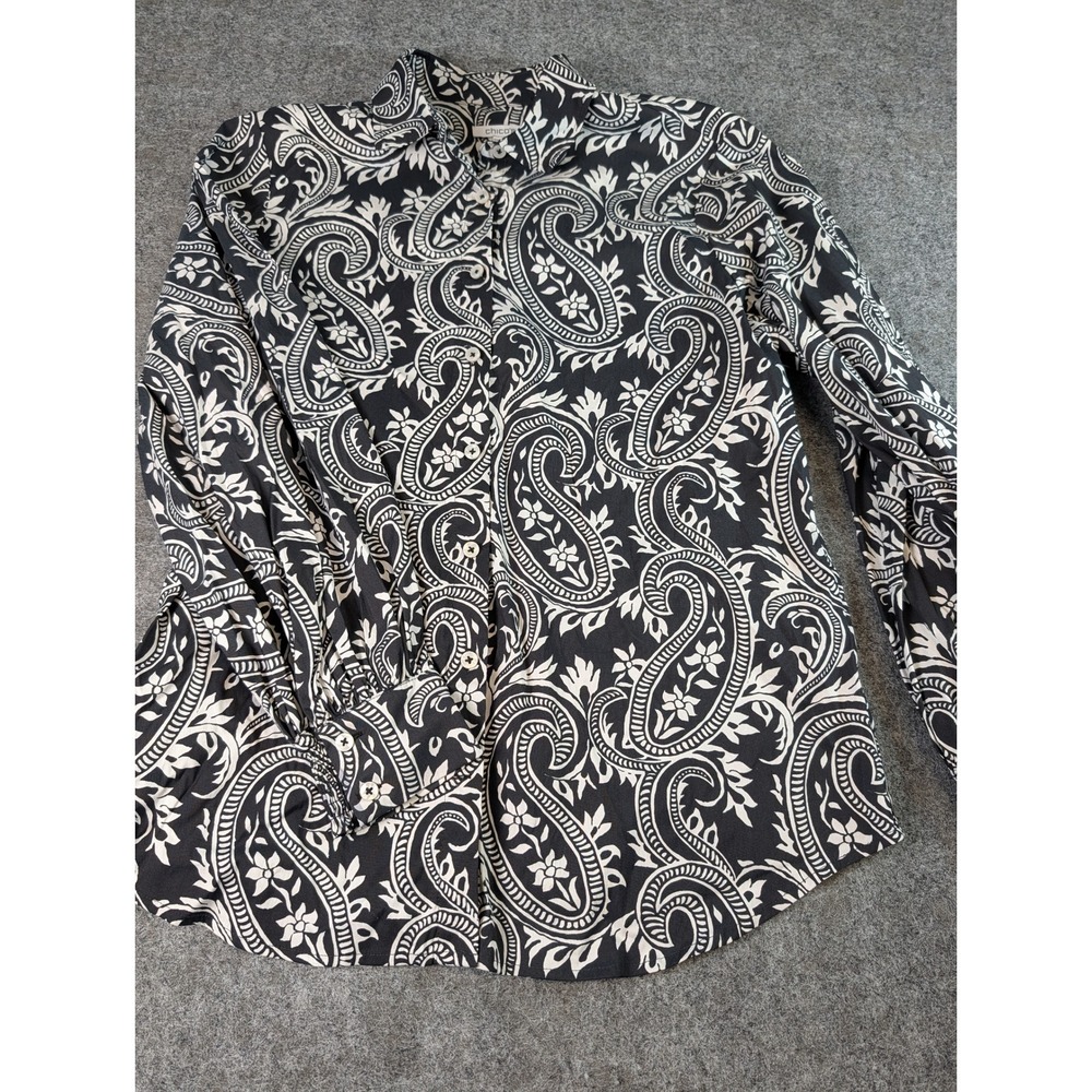 Chicos Black White Paisley Floral Button Down Shirt Long Sleeve Cotton Blend 1 8